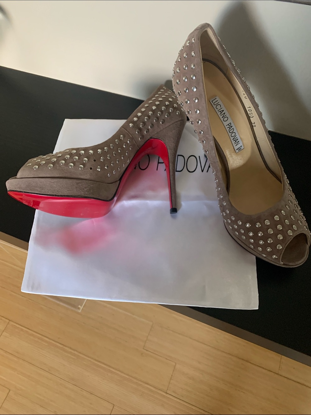 New Luciano Padovan Taupe Suede Studded Peep-Toe Heels with Red Sole